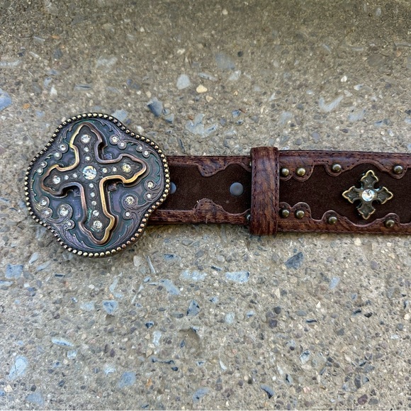 Justin Western Brown Leather Rhinestone Cross Studded Belt Brass Buckle 32 main image 5